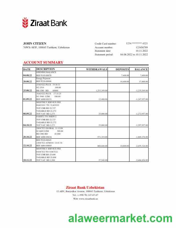 Uzbekistan Ziraat Bank statement, Excel and PDF format